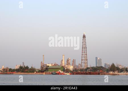 Industrial view, A equipment of oil refining, Oil and gas refinery area, Pipelines plant, Oil tank zone. Background with blue sky. Stock Photo