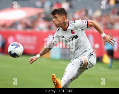 Chicago, USA, 13 May 2023. Major League Soccer (MLS) St. Louis CITY SC's Celio Pompeu goes for the ball against Chicago Fire FC at Soldier Field in Chicago, IL, USA. Credit: Tony Gadomski / All Sport Imaging / Alamy Live News Stock Photo