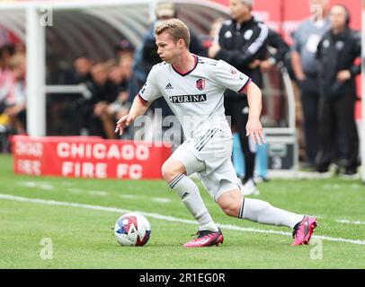 Chicago, USA, 13 May 2023. Major League Soccer (MLS) St. Louis CITY SC's John Nelson handles the ball against Chicago Fire FC at Soldier Field in Chicago, IL, USA. Credit: Tony Gadomski / All Sport Imaging / Alamy Live News Stock Photo