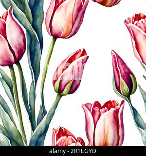 Watercolor tulips seamless flower pattern illustration Stock Photo