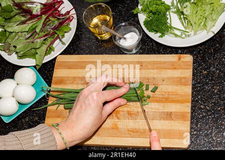 https://l450v.alamy.com/450v/2r1eh40/a-woman-cuts-fresh-green-onions-for-a-spring-vegetable-salad-preparation-of-salad-with-young-beet-leaves-2r1eh40.jpg