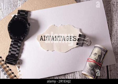 Advantages symbol. Concept word 'advantages' on wooden cubes on a beautiful white background. Business and advantages concept, copy space. Stock Photo