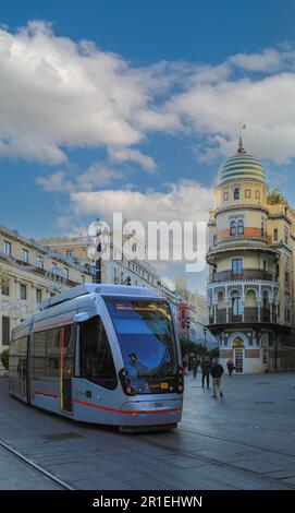 Seville, Spain - November 15, 2018: Tram transporting people in the central part of the Zaragoza city city, Spain Stock Photo