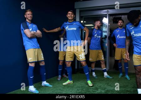 Saint Petersburg, Russia. 13th May, 2023. Dmitri Chistyakov (No.2), Nuraly Alip (No.28), of Zenit seen during the Russian Premier League football match between Zenit Saint Petersburg and Krasnodar at Gazprom Arena. Zenit FC team won against Krasnodar with a final score of 2:2. Zenit St. Petersburg will remain at the top of the Russian Premier League. Credit: SOPA Images Limited/Alamy Live News Stock Photo