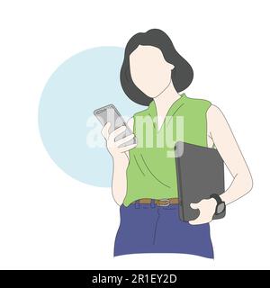 line art businesswoman holding smartphone and laptop computer illustration vector hand drawn isolated on white background Stock Vector