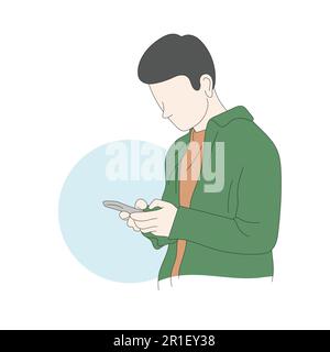 line art man with green shirt using smartphone illustration vector hand drawn isolated on white background Stock Vector
