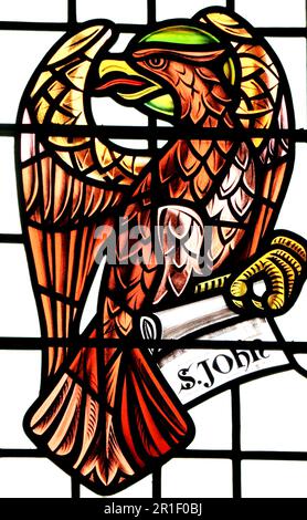 St John, Symbol of Evangelist, Eagle, stained glass, Snettisham church, Norfolk, England, UK Stock Photo