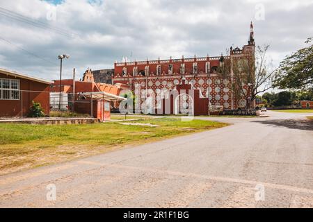 the colorful patterned Church of Jesus Christ of Latter-day Saints in the small town of Uayma, Yucatan, Mexico Stock Photo