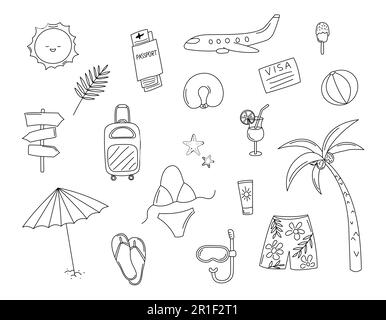 Vacation doodles set. Travel hand drawn elements black and white isolated. Vector illustration with cute scribble summer vacation objects. Stock Vector
