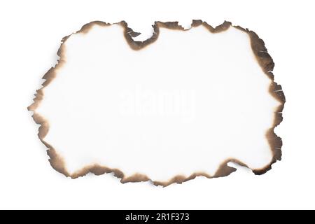 Piece of paper with dark burnt borders on white background, top view. Space for text Stock Photo