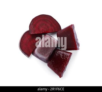 Frozen beetroot puree cubes and fresh beetroot isolated on white, top view Stock Photo
