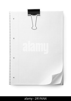 Stack of checkered paper sheets with binder clip on white background, top view Stock Photo