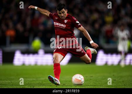 Turin, Italy. 11 May 2023. Marcos Acuna of Sevilla FC kicks the ball during the UEFA Europa League semifinal first leg football match between Juventus FC and Sevilla FC. Credit: Nicolò Campo/Alamy Live News Stock Photo