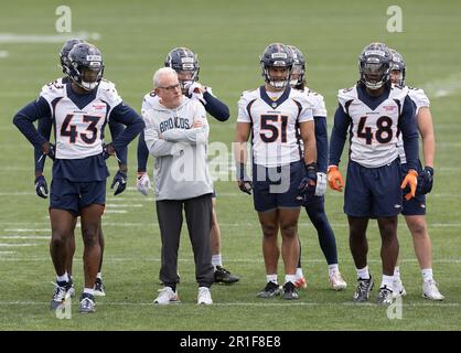 Englewood, Colorado, USA. 13th May, 2023. Bronco Rookie Linebackers look on from the field during Broncos Rookie Training Camp at the Denver Broncos Practice Facility Saturday afternoon. (Credit Image: © Hector Acevedo/ZUMA Press Wire) EDITORIAL USAGE ONLY! Not for Commercial USAGE! Stock Photo