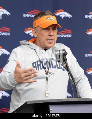 Englewood, Colorado, USA. 13th May, 2023. Broncos Head Coach talks to the media after Broncos Rookie Training Camp at the Denver Broncos Practice Facility Saturday afternoon. (Credit Image: © Hector Acevedo/ZUMA Press Wire) EDITORIAL USAGE ONLY! Not for Commercial USAGE! Stock Photo