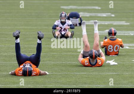 Englewood, Colorado, USA. 13th May, 2023. Broncos Rookies stretch before practice begins during Broncos Rookie Training Camp at the Denver Broncos Practice Facility Saturday afternoon. (Credit Image: © Hector Acevedo/ZUMA Press Wire) EDITORIAL USAGE ONLY! Not for Commercial USAGE! Stock Photo