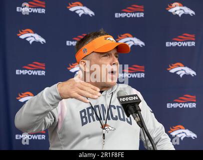 Englewood, Colorado, USA. 13th May, 2023. Broncos Head Coach talks to the media after Broncos Rookie Training Camp at the Denver Broncos Practice Facility Saturday afternoon. (Credit Image: © Hector Acevedo/ZUMA Press Wire) EDITORIAL USAGE ONLY! Not for Commercial USAGE! Stock Photo