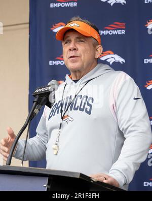 Englewood, Colorado, USA. 13th May, 2023. Broncos Head Coach talks to the media after Broncos Rookie Training Camp at the Denver Broncos Practice Facility Saturday afternoon. (Credit Image: © Hector Acevedo/ZUMA Press Wire) EDITORIAL USAGE ONLY! Not for Commercial USAGE! Stock Photo