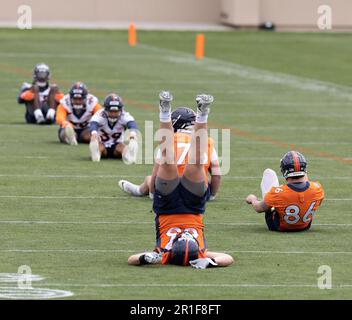 Denver Broncos tight end Tommy Hudson takes part in drills during an NFL  football rookie mini camp Saturday, May 13, 2023, at the team's  headquarters in Centennial, Colo. (AP Photo/David Zalubowski Stock