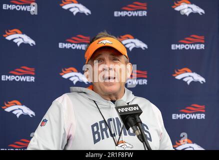 Englewood, Colorado, USA. 13th May, 2023. Broncos Head Coach talks to the media after Broncos Rookie Training Camp at the Denver Broncos Practice Facility Saturday afternoon. (Credit Image: © Hector Acevedo/ZUMA Press Wire) EDITORIAL USAGE ONLY! Not for Commercial USAGE! Stock Photo