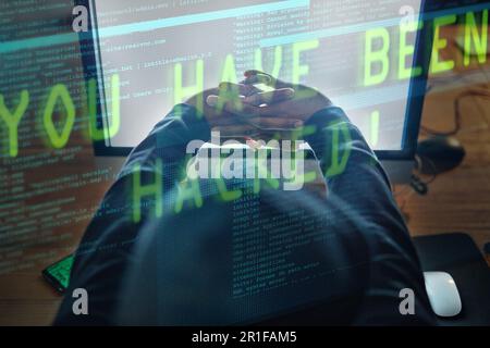 Hacker, man hands and computer screen for software hacking, coding or programming success at night in digital overlay. Code crack, information Stock Photo