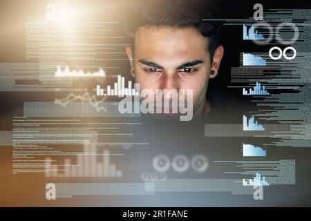 Screen overlay, business man and data analysis of stock market research, graphs or charts analytics in night solution. Trade, digital statistics or Stock Photo