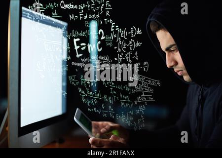 Phone coding, computer and hacker man with software code, password hacking and math or digital overlay. Online crime, cybersecurity and programmer Stock Photo