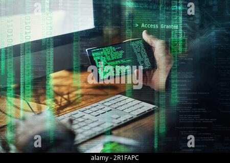 Hacker, man hands and phone screen for software malware, code access and password success in dark room with digital overlay. Online crime, cyber thief Stock Photo