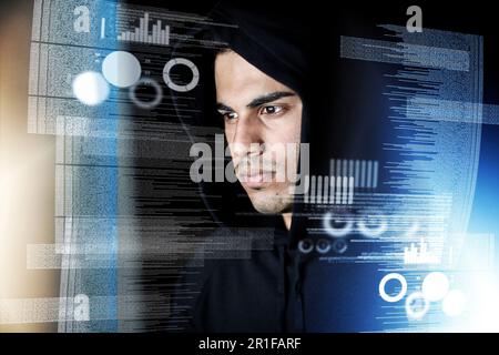 Data analysis, digital overlay and man, hacker or programmer in night hacking, programming or fintech crime. Software coding, information technology Stock Photo
