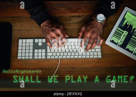 Keyboard, hacking and man hands in gaming virus, software danger and programming in digital tech overlay. Online games, cyber attack and coding scam Stock Photo