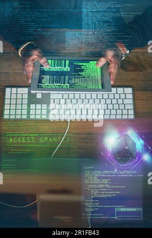 Hacking, man hands and tablet screen with gaming software, code access and password success in data overlay. Online hacker, cyber thief or coding Stock Photo