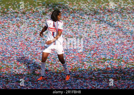Orleans, France. 13th May, 2023. OL's Wendie Renard celebrates after the final of the 2022-2023 Women's French cup between Paris Saint-Germain and Olympique Lyonnais (OL) in Orleans, France, May 13, 2023. Credit: Gao Jing/Xinhua/Alamy Live News Stock Photo