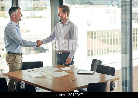 Business men, clients and handshake, meeting or collaboration, onboarding success and deal or welcome. People and partner shaking hands for thank you Stock Photo