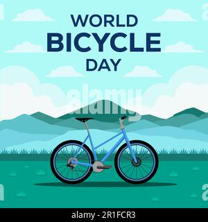 world bicycle day in flat design vector with mountains and cloud Stock Vector