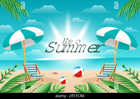hello summer illustration sunny beach background design with umbrella, seat, balls, and leaves Stock Vector