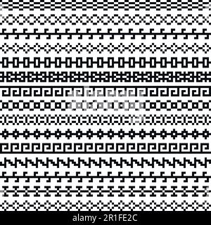 Old greek border, Tribal art vintage ethnic seamless pattern, asian lattice ornaments, chinese, japanese, korean vector set, Seamless pixel black and Stock Vector