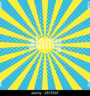 Pop art background with sun beam rays on a blue sky background, halftone effect, vector beam, the rays of sun blast, radiant shine, pop art vintage Stock Vector