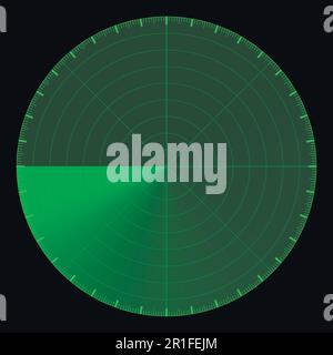 Green radar screen, circular 360 degree scale, vector template active scanning radar sonar Stock Vector