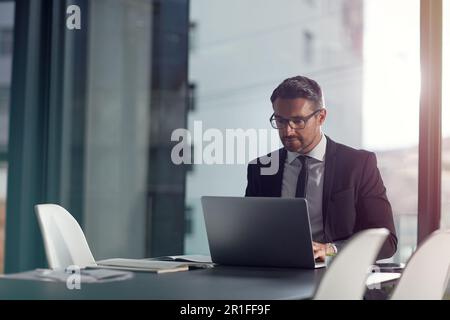 Computer, working and business man in office or conference room schedule, agenda and management software. Typing, career research and workflow Stock Photo