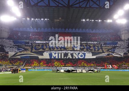 Milan, Italy. 10th May, 2023. Italy, Milan, may 10 2023: choreography of FC Inter supporters during match presentation about soccer game AC MILAN vs FC INTER, SF 1st leg UCL 2022-2023 San Siro stadium (Credit Image: © Fabrizio Andrea Bertani/Pacific Press via ZUMA Press Wire) EDITORIAL USAGE ONLY! Not for Commercial USAGE! Stock Photo
