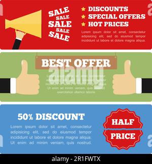 Best offer, half price and sale banners, flat design, vector eps10 illustration Stock Vector