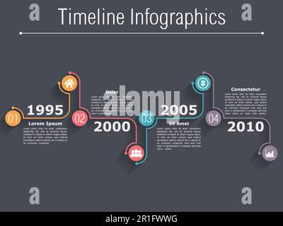 Horizontal timeline infographics with text, dates and icons, vector ...