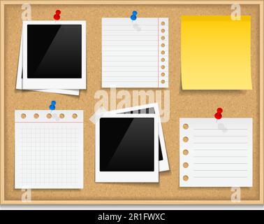 Paper notes on bulletin board realistic vector illustration set. Torn ...