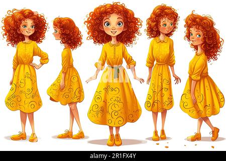 A little girl , curly red hair, wearing yellow dress, different poses, full body image, children's book style, illustration. Vector graphic Stock Photo
