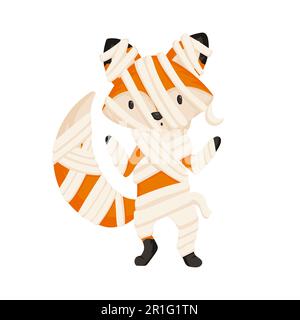 Cute and spooky Halloween fox in mummy costume. Cartoon vector illustration of the animal character. Holiday celebration party Stock Vector