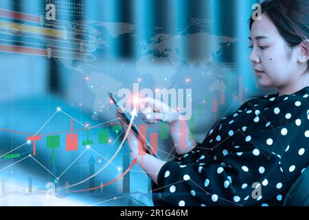 Business woman touching on cloud icon with network data information, data storage. Internet and network service concept. Stock Photo