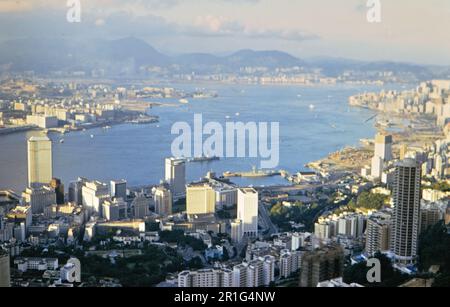 Aerial view of Hong Kong Harbor ca. 1973 Stock Photo