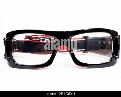 Picture front side of a black sport sunglasses isolated on white Stock Photo