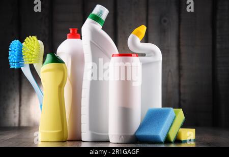 Variety of detergent bottles and chemical cleaning supplies Stock Photo