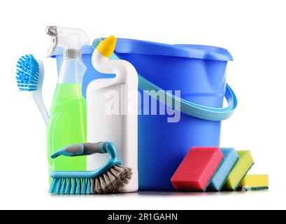 Chemical cleaning supplies isolated on white Stock Photo